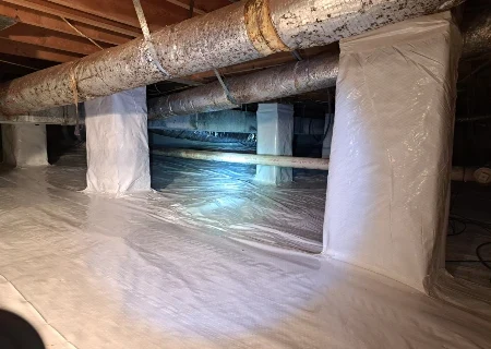 Standing water pooling beneath a home's crawl space around pier supports and floor joists