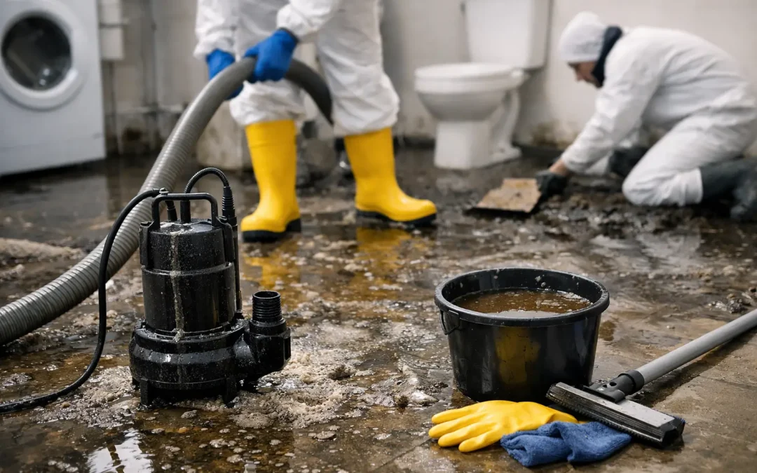 Technicians in protective suits and boots extracting Category 3 sewage water from a bathroom