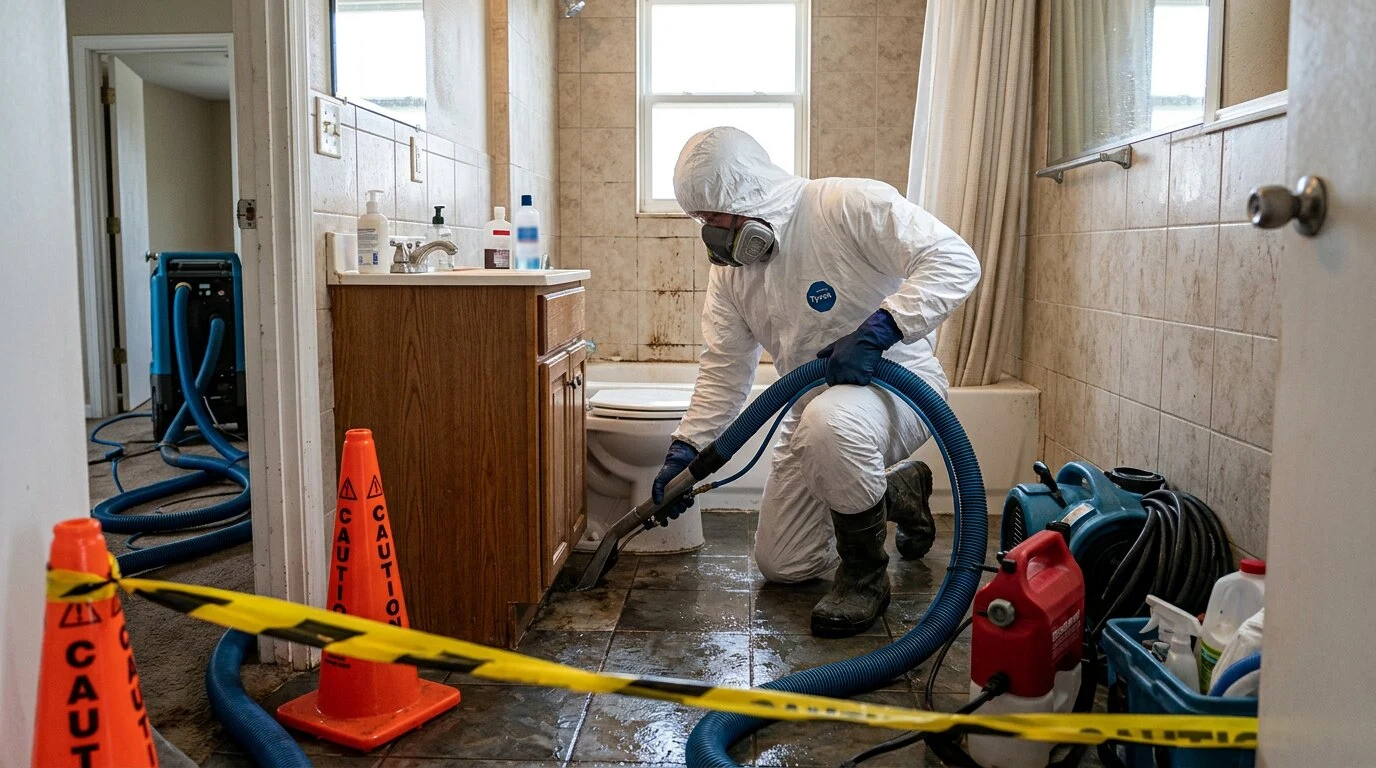 Restoration crew running gas-powered extraction pumps to remove standing water from a flooded Tampa building